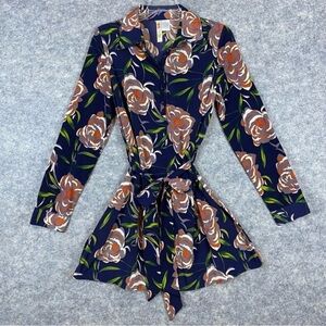 Alice Moon Moon Collection‎ Floral Blue Orange A-line Tie Waist Dress Size M